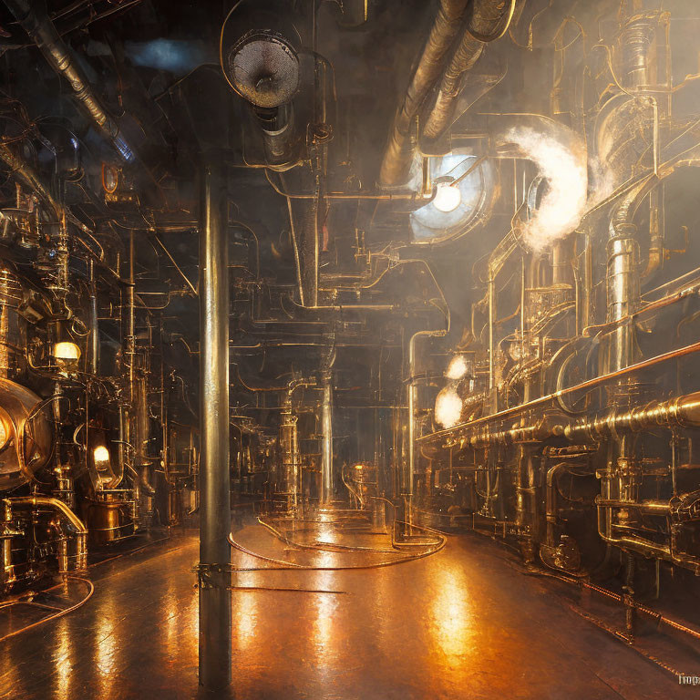 Dimly Lit Industrial Room with Copper Pipes and Steampunk Machinery