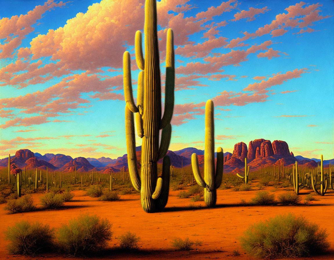 Desert landscape with towering cacti and red rock formations