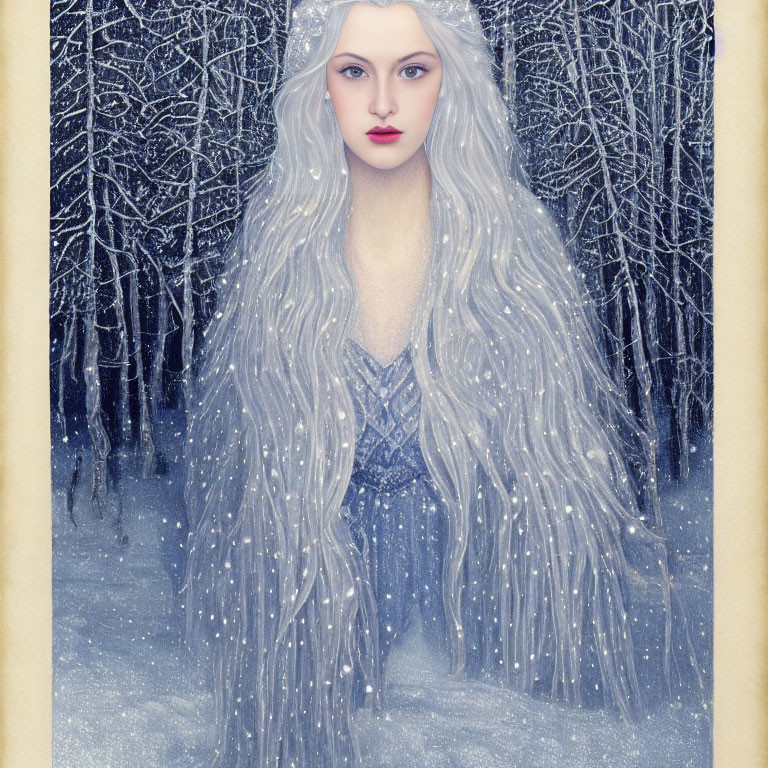 Ethereal being with silver hair in snowy forest wearing icy-blue gown