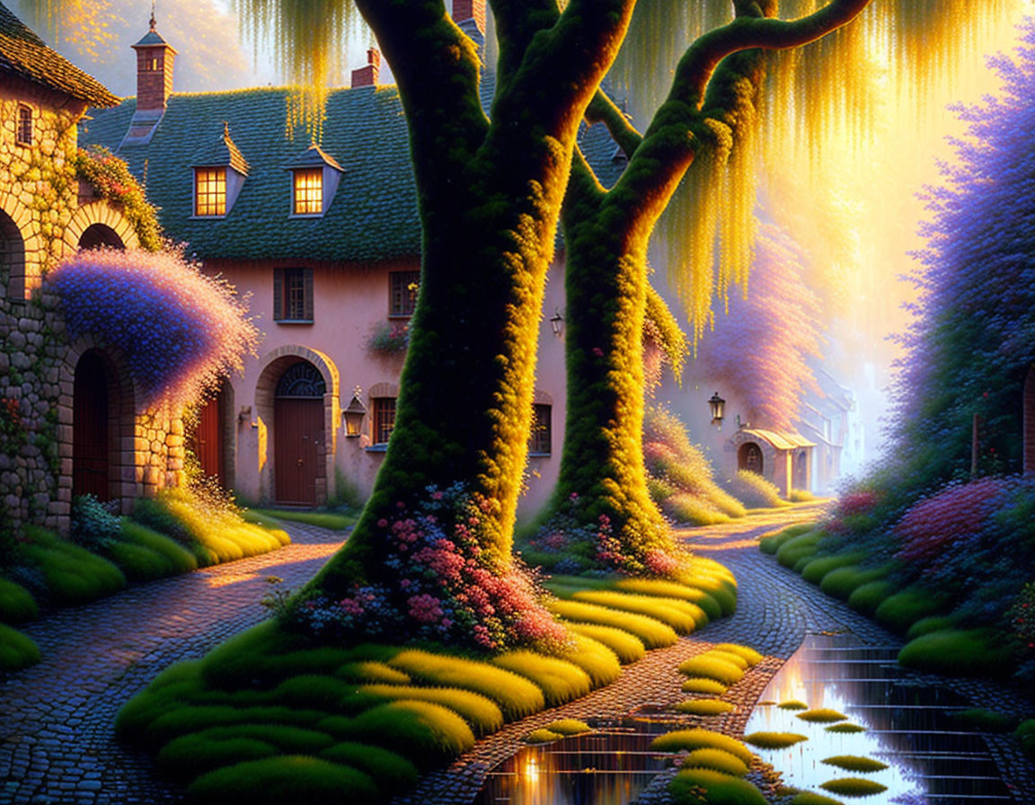 Whimsical cobblestone street with cottages, greenery, flowers, and sunlight.