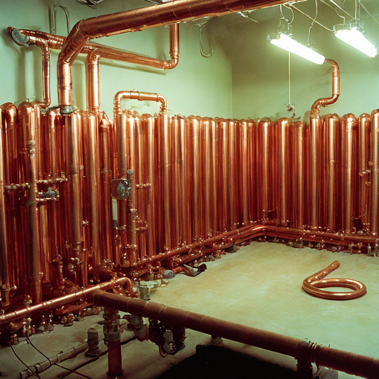 Industrial room with copper pipes, fittings, and coil.