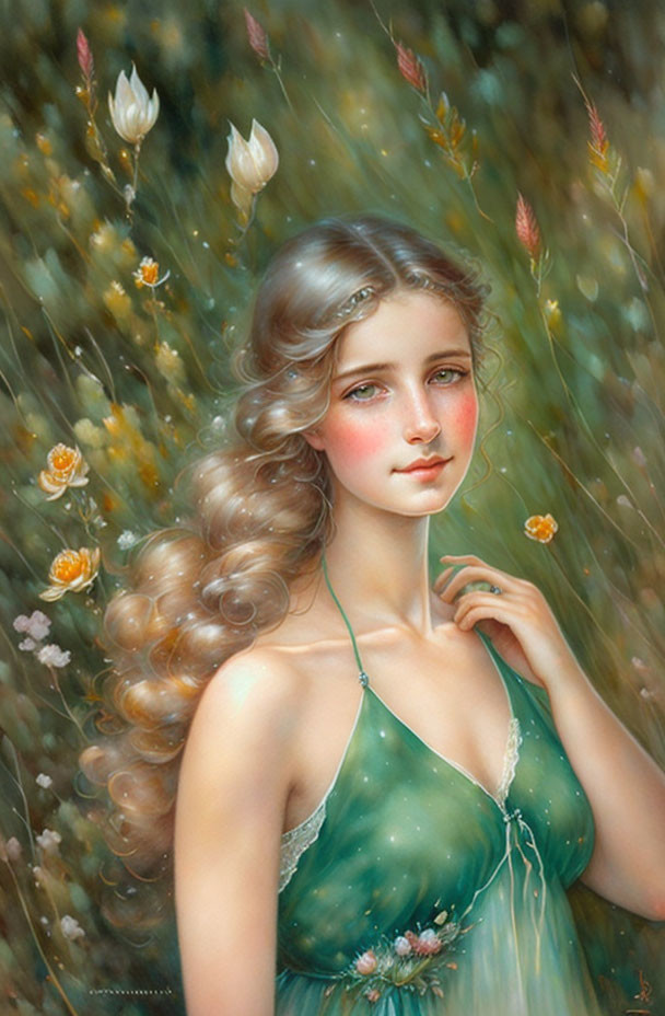 Portrait of a young woman with curly hair among delicate flowers