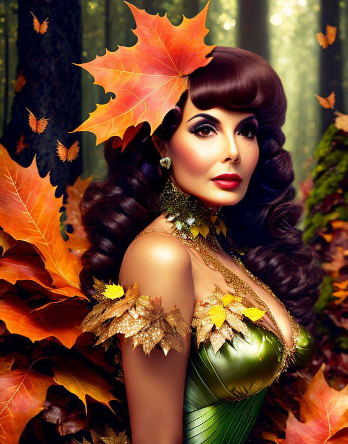 Vintage hairstyle woman with autumn leaves and golden accessories in forest setting.