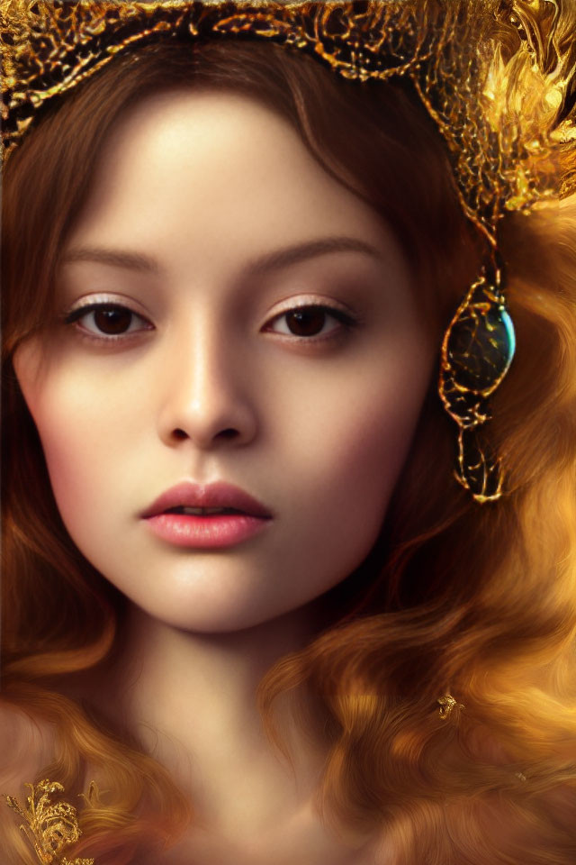 Auburn-Haired Woman with Golden Crown and Jewelry Portrait