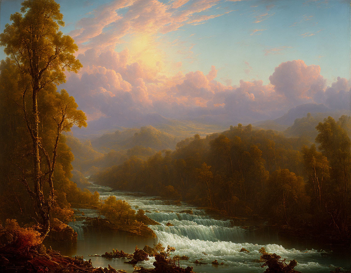 Tranquil landscape painting of river cascades in wooded valley at sunset