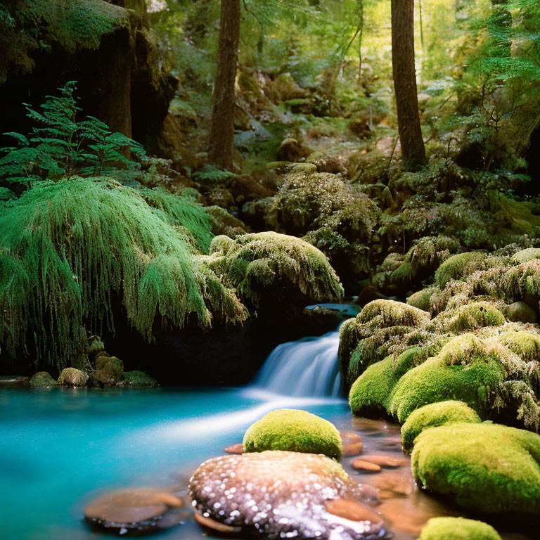 Tranquil forest landscape with mossy rocks and waterfall