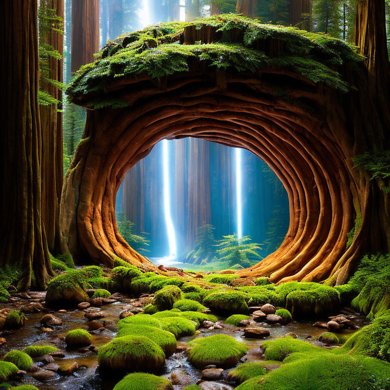 Enchanting forest scene with giant tree archway and lush greenery