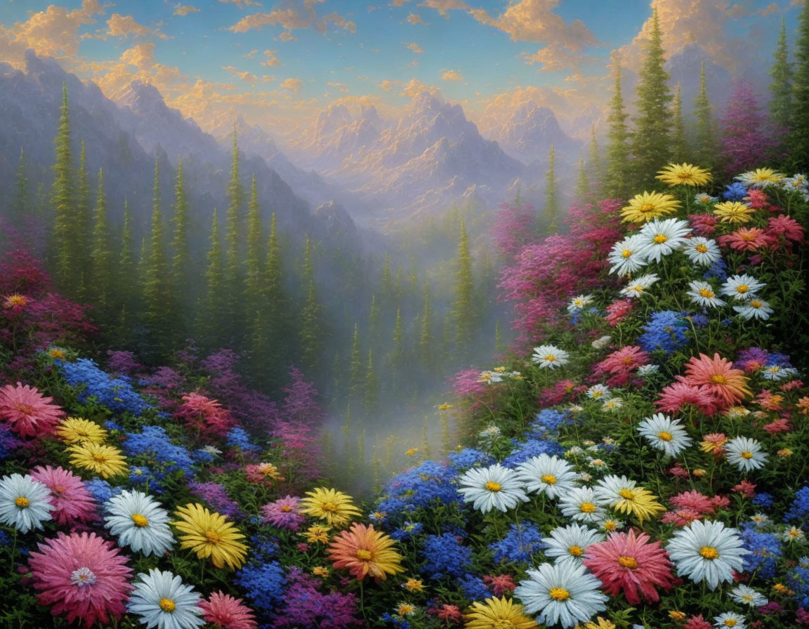 Colorful Flower Meadow with Misty Trees & Mountains