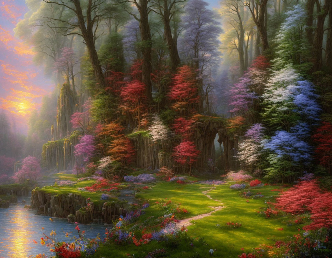 Colorful Trees, Meadow, and River in Serene Fantasy Woodland