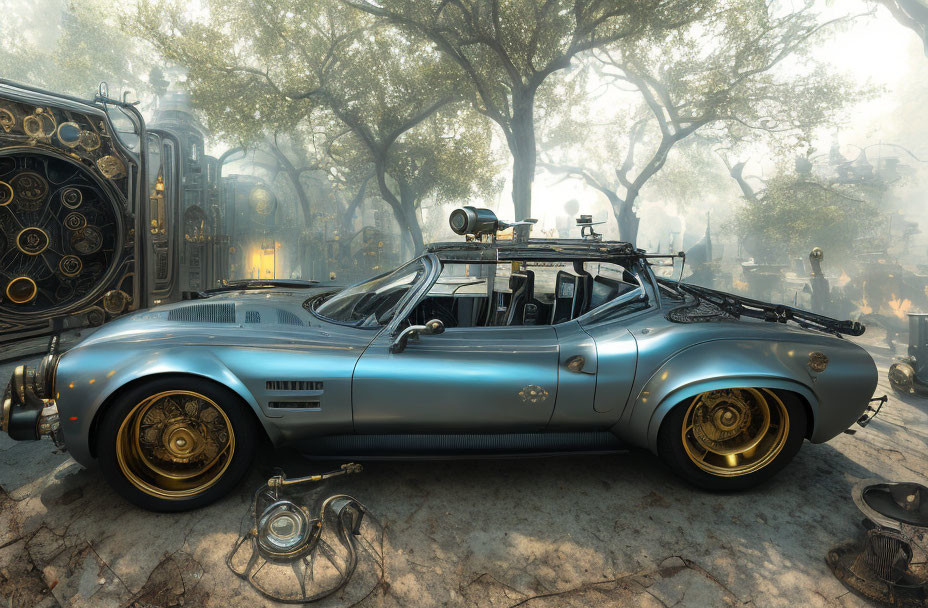 Steampunk-style vehicle with gold detailing in misty forest setting