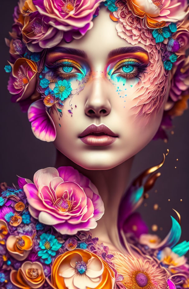 Colorful portrait of woman with flower and butterfly makeup artistry