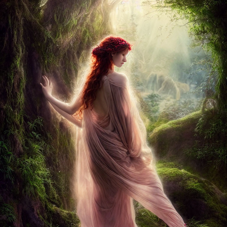 Woman in flowing dress with red wreath in magical forest by mossy tree