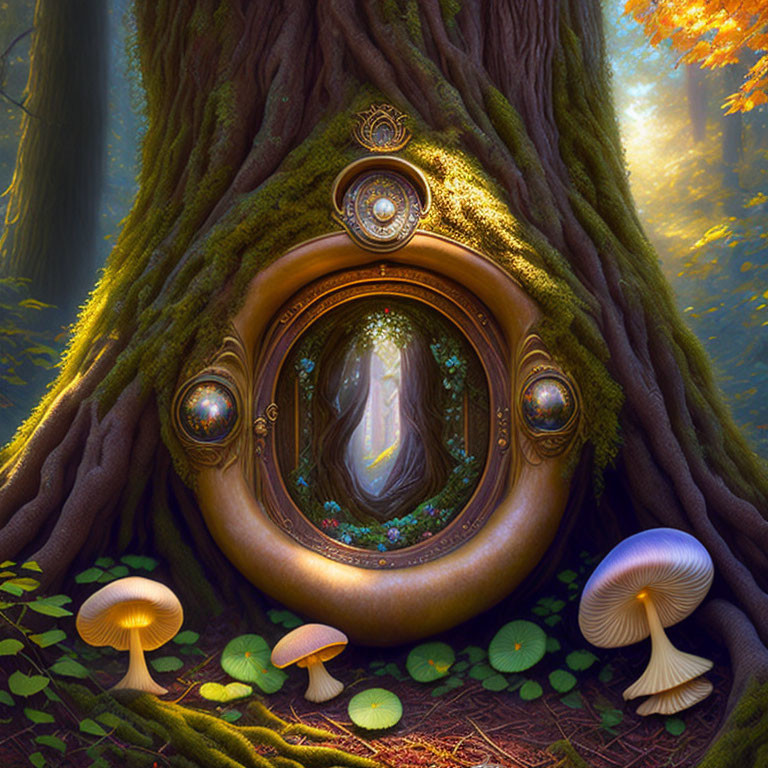 Enchanted forest with mystical tree, ornate door, and glowing mushrooms