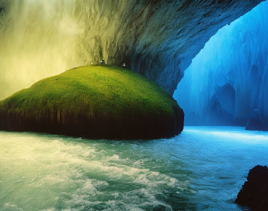 Tranquil underground river in illuminated cave landscape