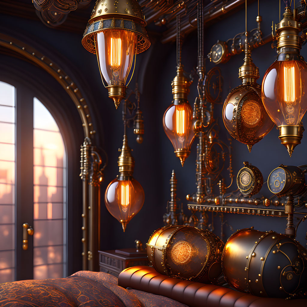 Steampunk-themed interior with bronze lamps, gears, and sunlight.