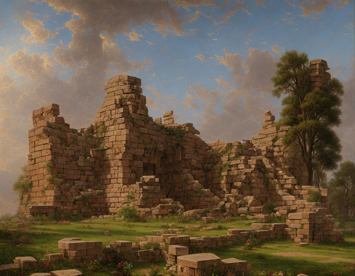 Ancient stone ruins surrounded by lush greenery under a vast sky