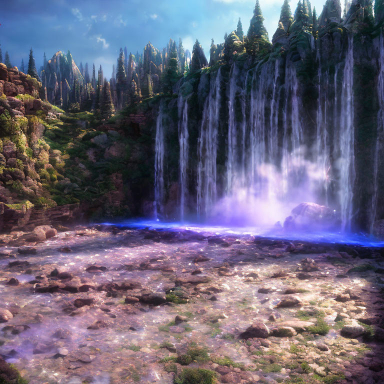 Fantasy landscape with cascading waterfalls and glowing river