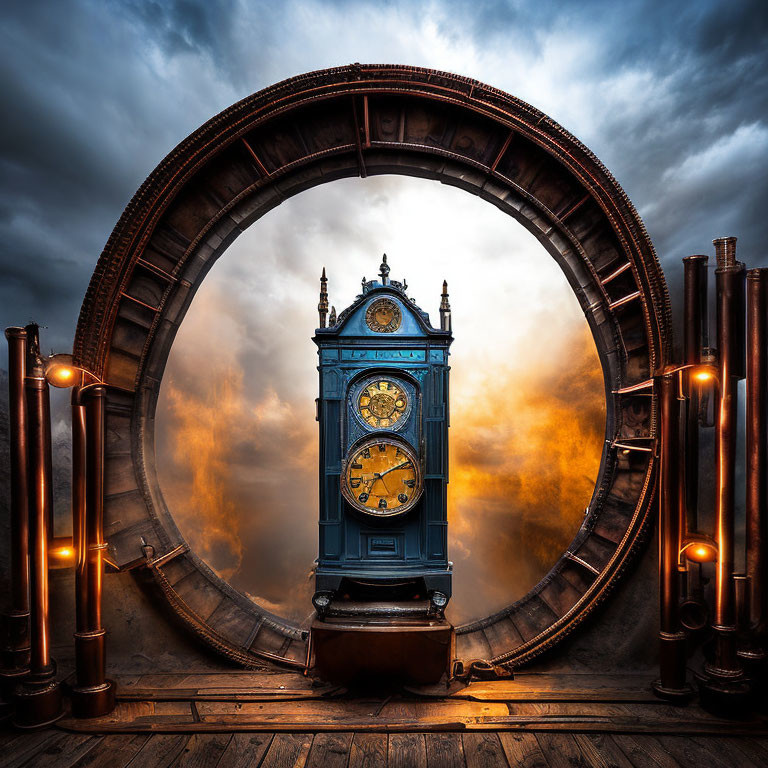 Vintage blue clock and steampunk portal on stormy sky backdrop