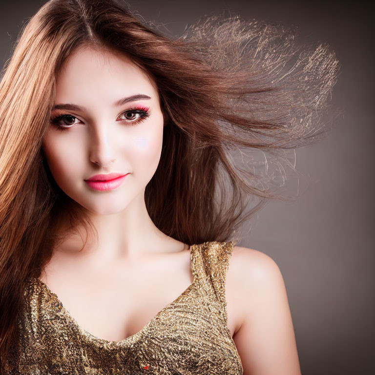 Woman with flowing hair and sparkling makeup in glittery gold top on muted background