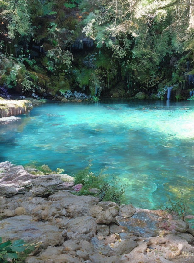 Tranquil Turquoise Natural Pool with Waterfall in Forest Setting