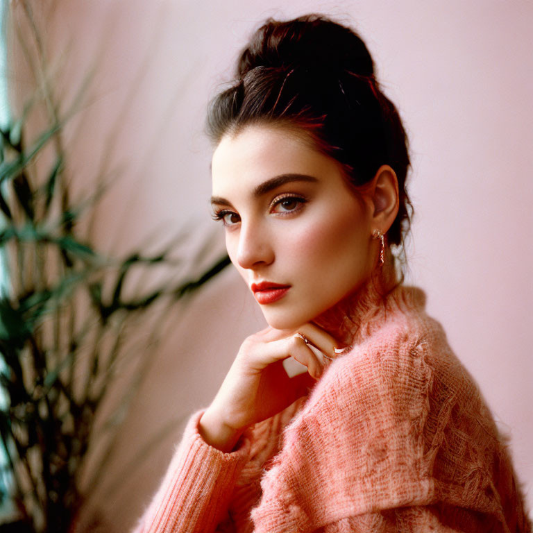 Woman with bun hairstyle in pink sweater and earrings, chin on hand, plant backdrop