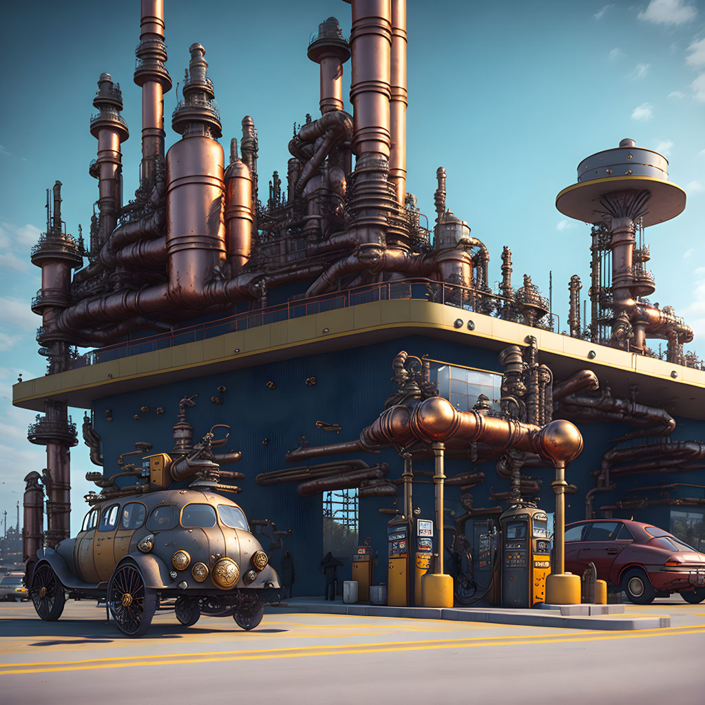 Steampunk-themed gas station with vintage cars and industrial backdrop.