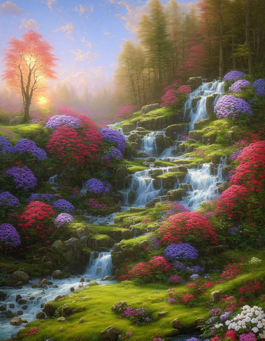 Scenic cascade with lush greenery and colorful flowers