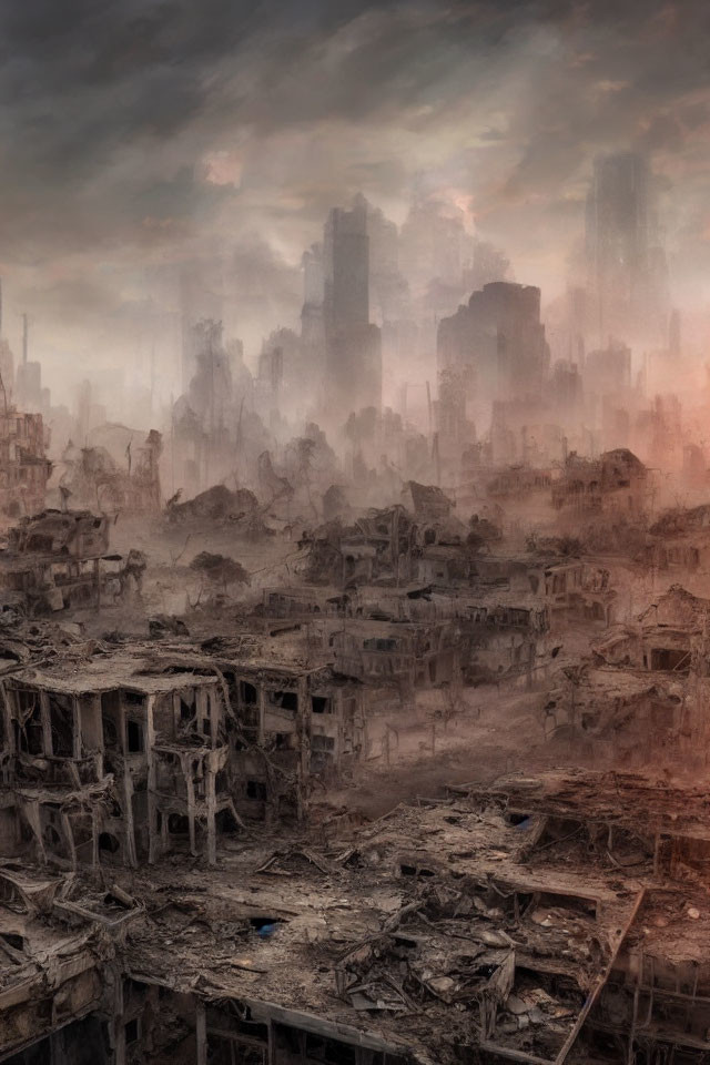 Desolate cityscape with ruined buildings and debris under a gloomy sky