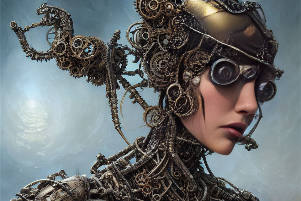 Steampunk female humanoid portrait with mechanical gear hair and goggles.