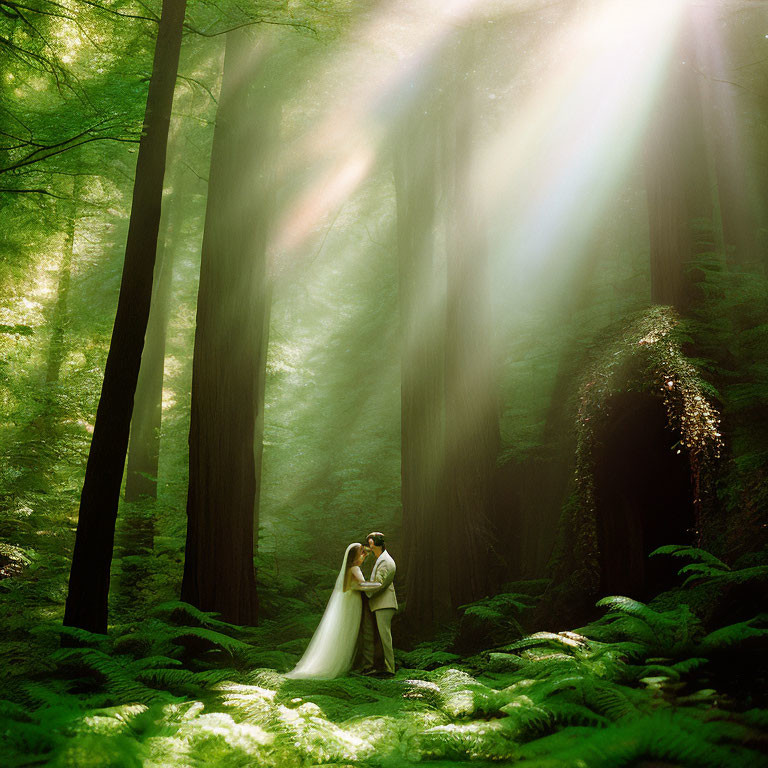 Wedding couple embraces in sunlit forest with towering trees