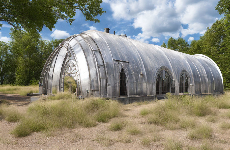 Abandoned metal quonset hut in field with tall grasses and trees