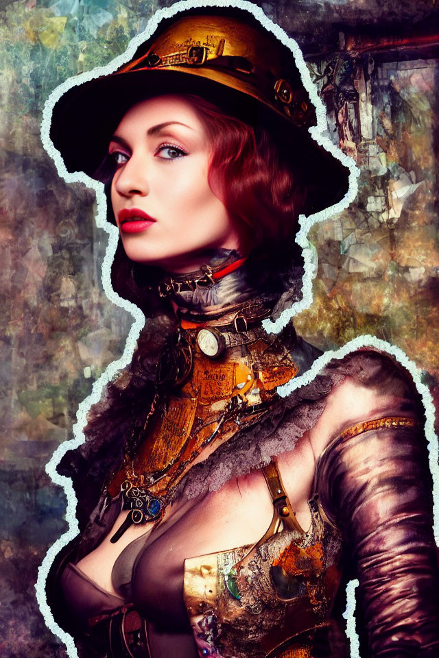 Steampunk-themed woman with hat, corset, and mechanical accessories on abstract backdrop