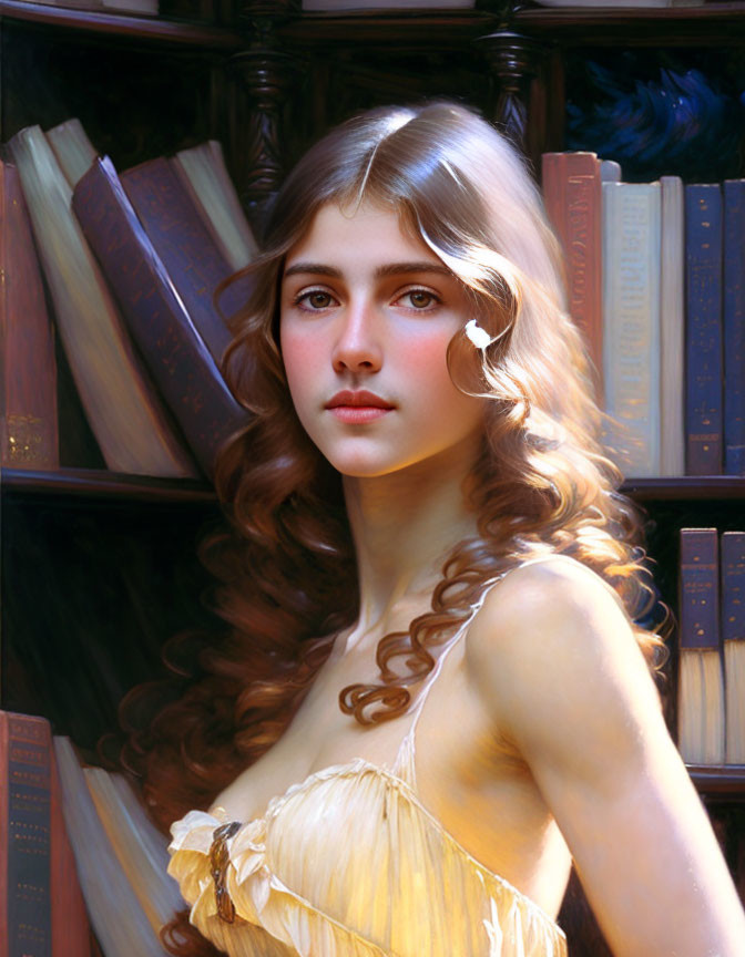 Portrait of a young woman with wavy hair surrounded by books in soft light