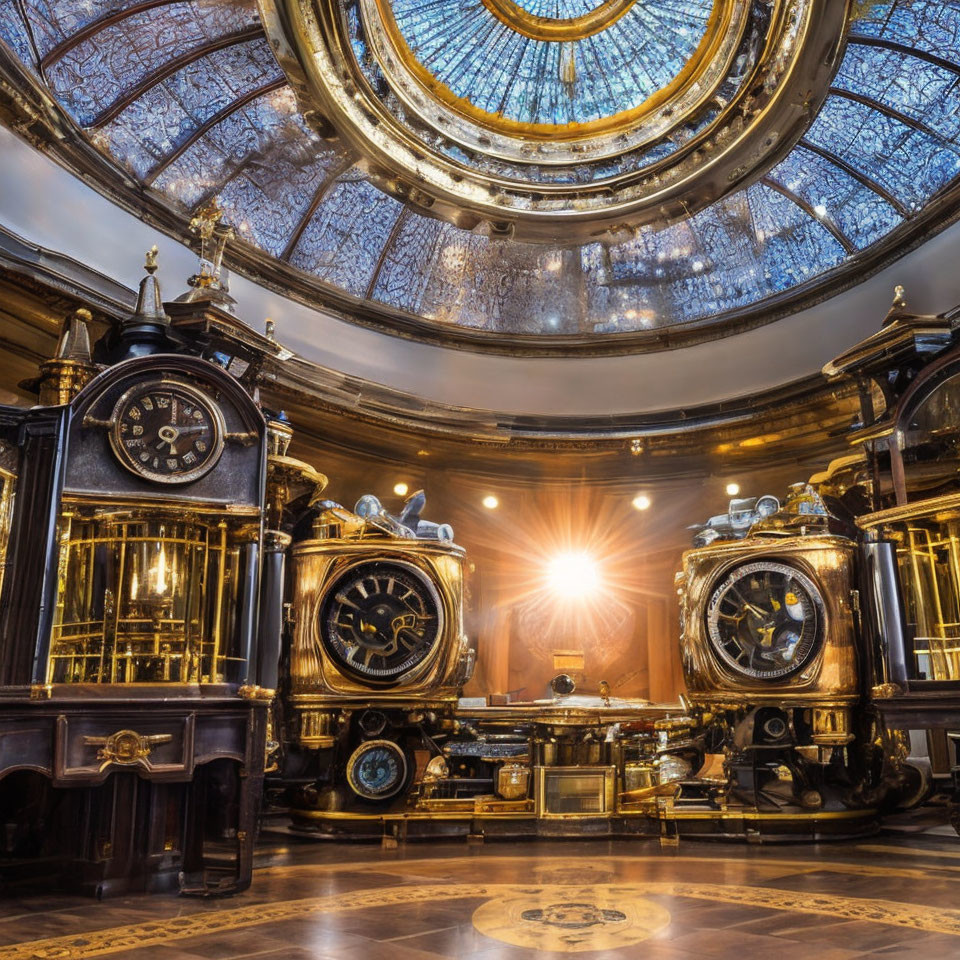 Elegant room with glass-domed ceiling and antique clocks under warm light