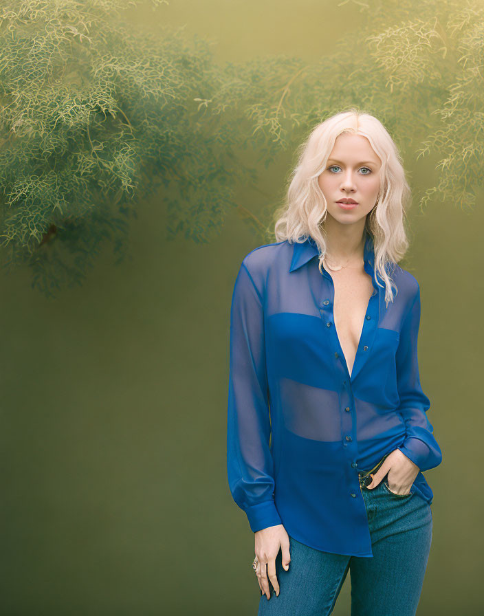 Blonde woman in blue sheer blouse and jeans against green foliage background