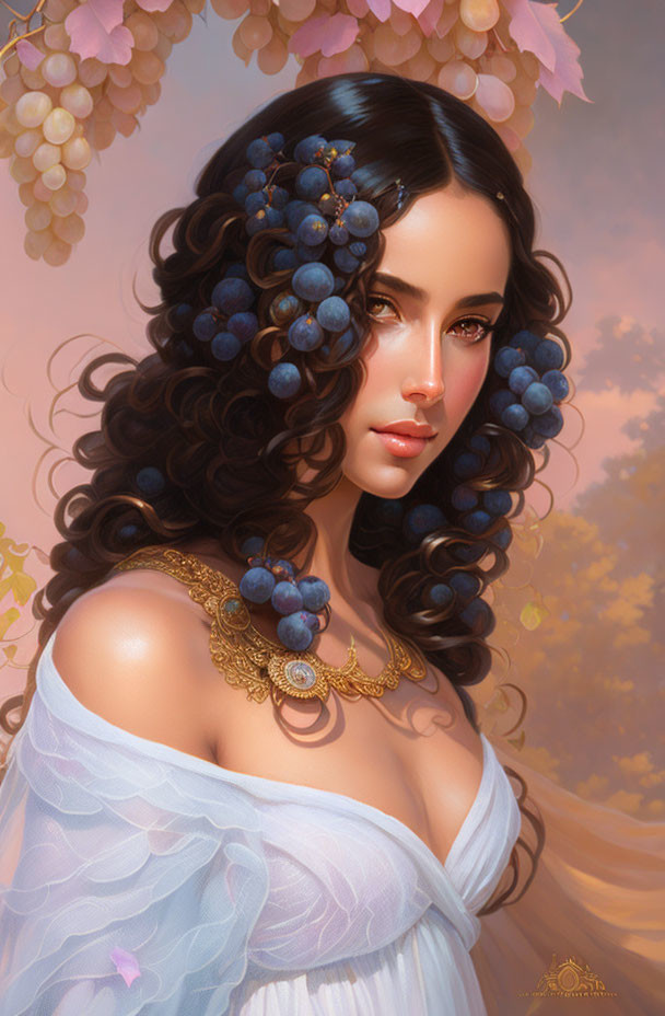 Portrait of woman with dark curly hair, blue grapes, white draped garment, golden necklace, soft pink