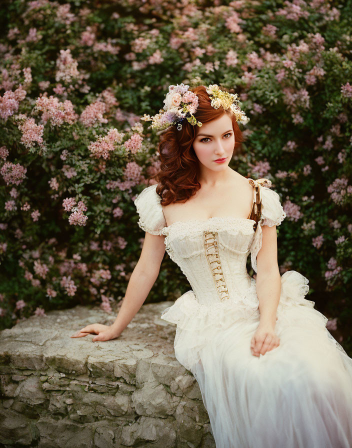 Vintage White Dress and Floral Headpiece Woman Poses by Stone Ledge