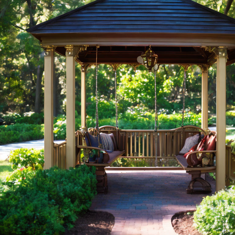 Tranquil garden gazebo with hanging lantern and lush greenery