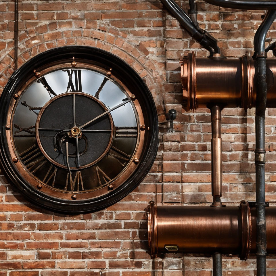 Vintage Clock with Roman Numerals on Brick Wall in Industrial Setting