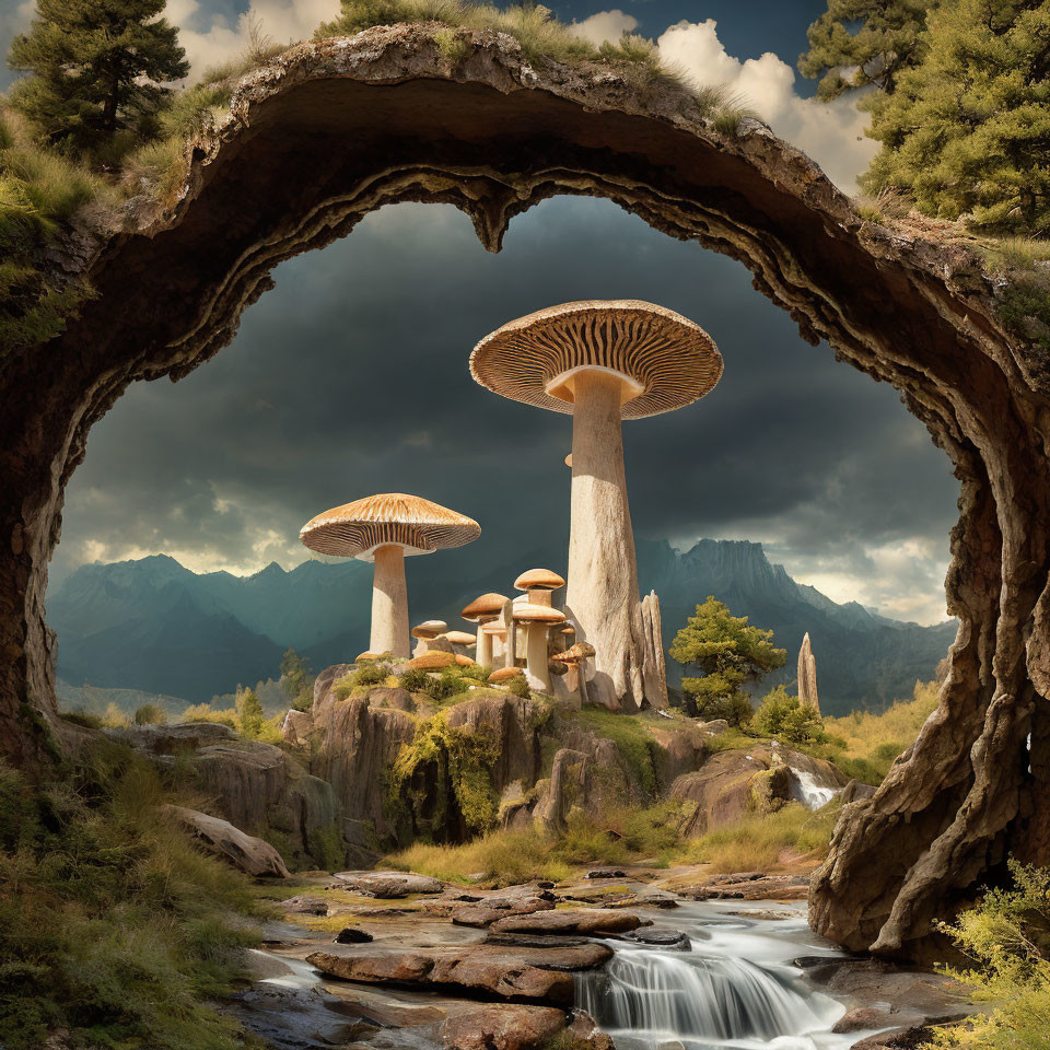 Fantasy landscape with oversized mushrooms, rock arch, waterfall, trees, and mountains in warm sunlight