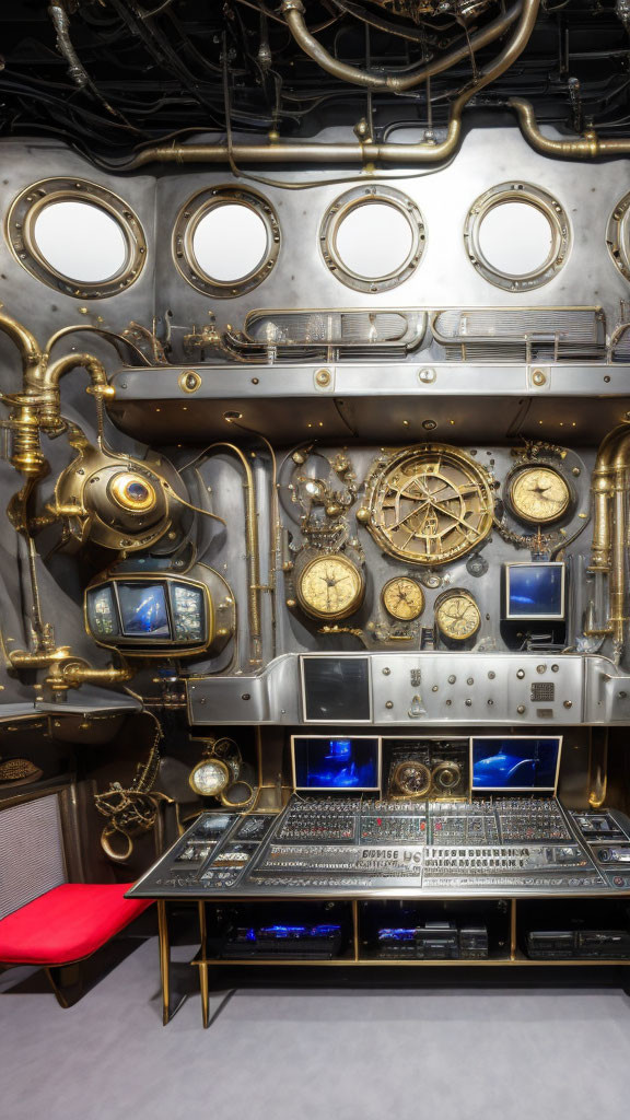 Steampunk-Inspired Control Panel with Brass Fittings and Gauges