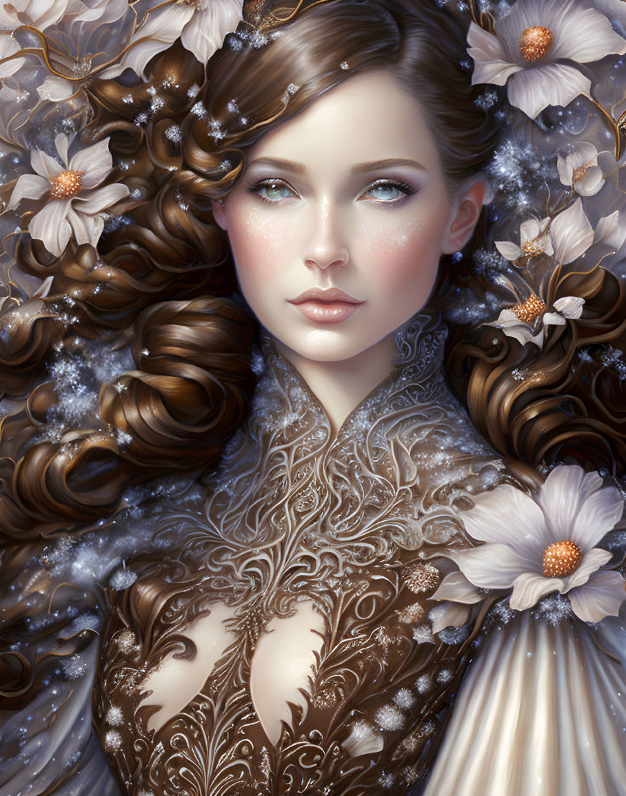 Digital Artwork: Woman with Floral Patterns and Lace Design