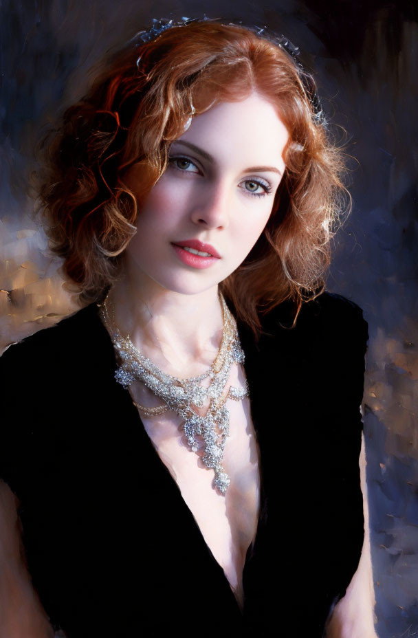 Reddish-haired woman with necklace and tiara in soft-focus background