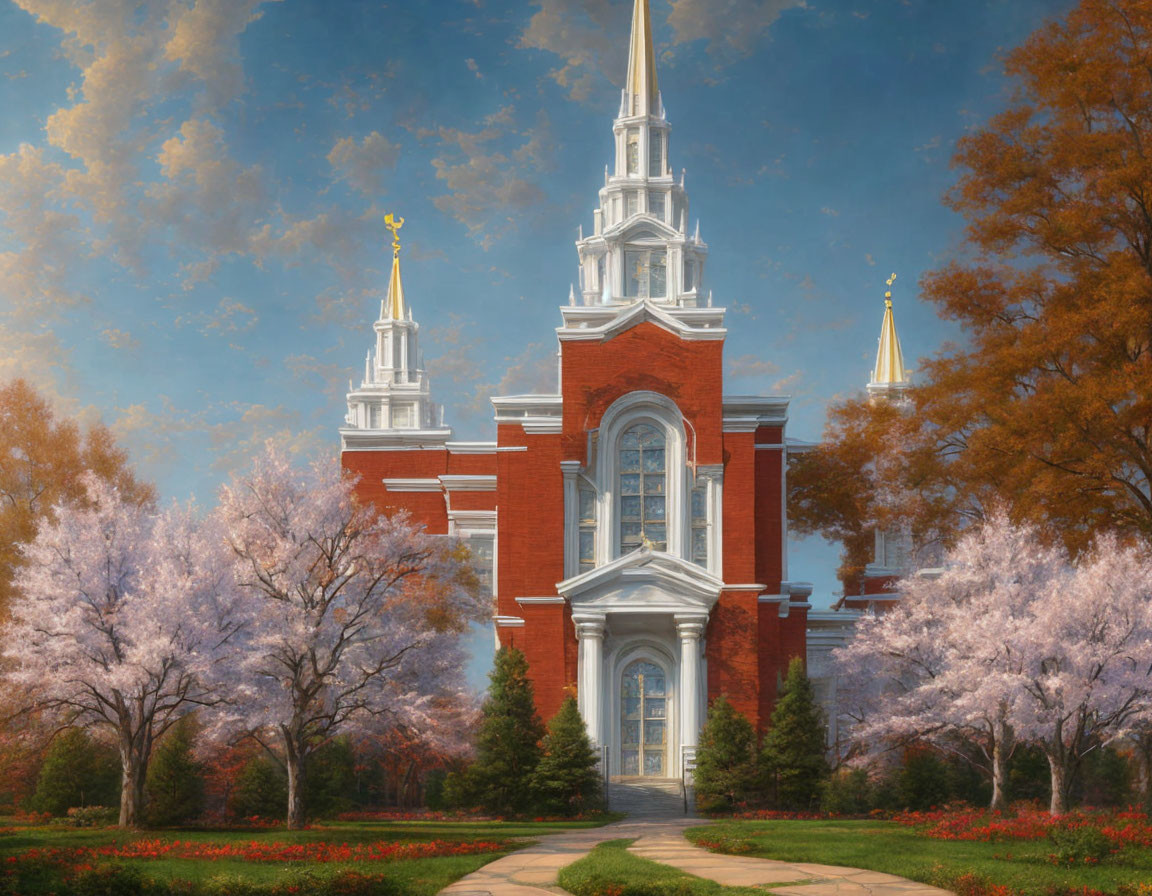 Red-brick church with twin spires in cherry blossom garden