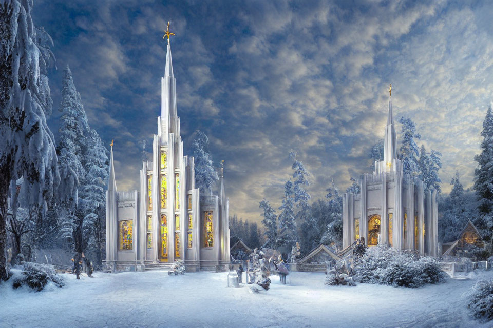 Snow-covered temple with tall spires in twilight sky and serene winter landscape