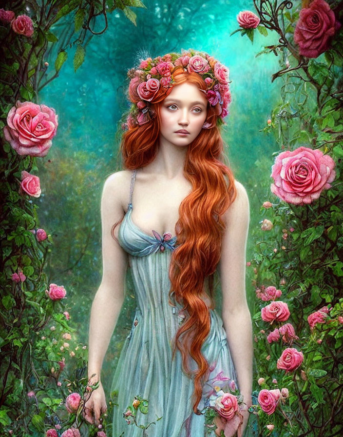 Red-haired woman with rose crown in blue dress among pink roses and greenery