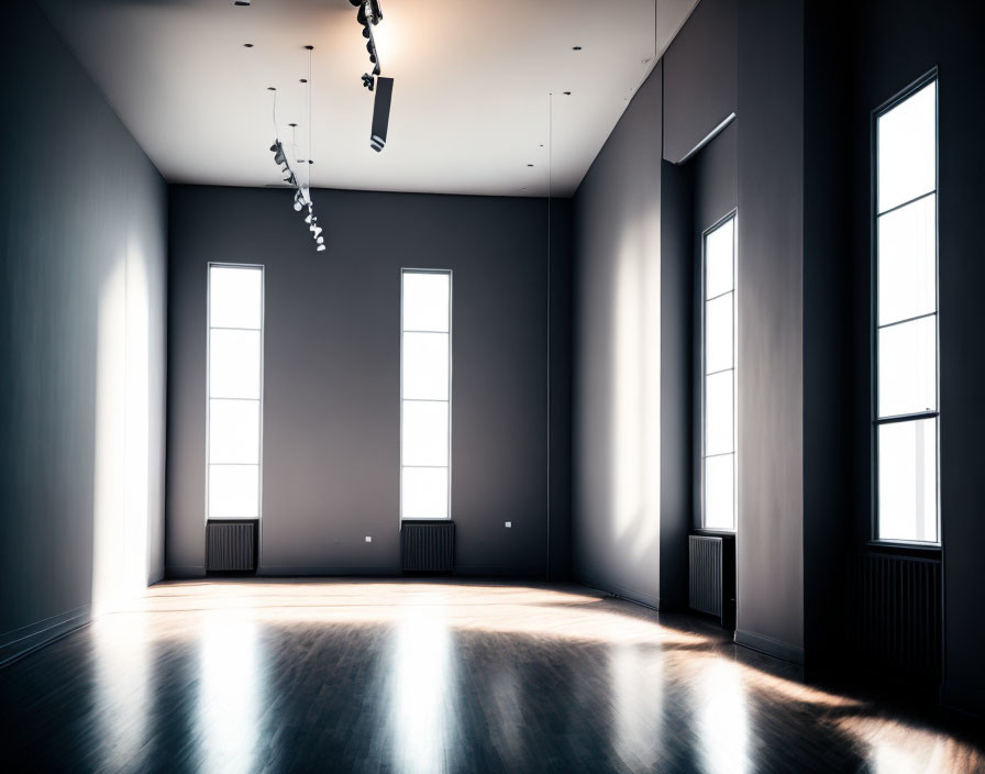 Modern Room with Glossy Hardwood Floors and Gray Walls