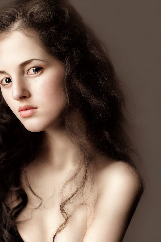 Portrait of Woman with Curly Hair and Serious Expression