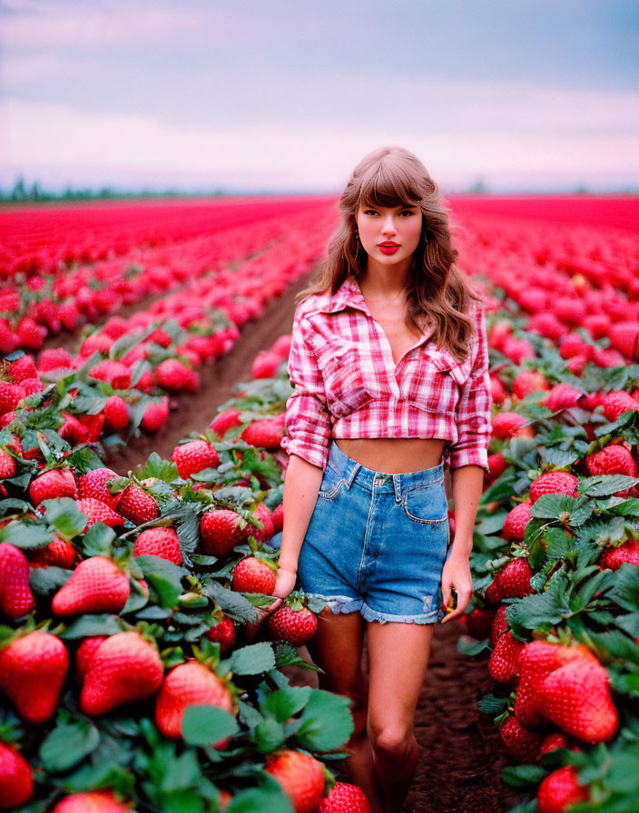 Woman in Plaid Shirt Among Vibrant Strawberry Plants