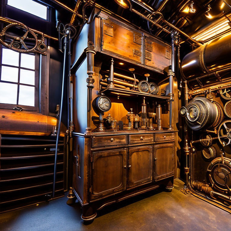 Steampunk-themed interior with wooden cabinet, brass pipes, gears, and vintage gauges.